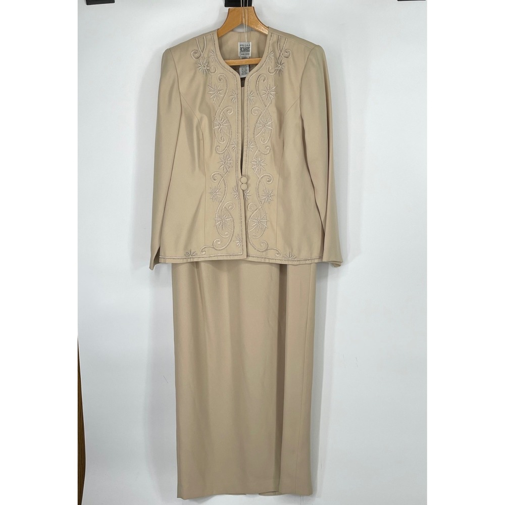 R&M Richards Women Dress Set 14 Maxi Jacket Beige Embroidered Beaded Weddings